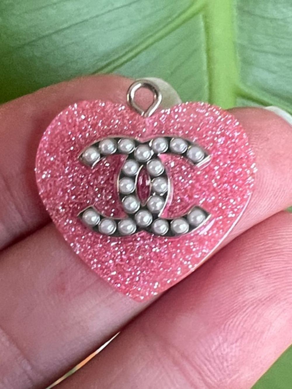 CHANEL Pink Glitter Heart Pendant with Pearl-Stud CC